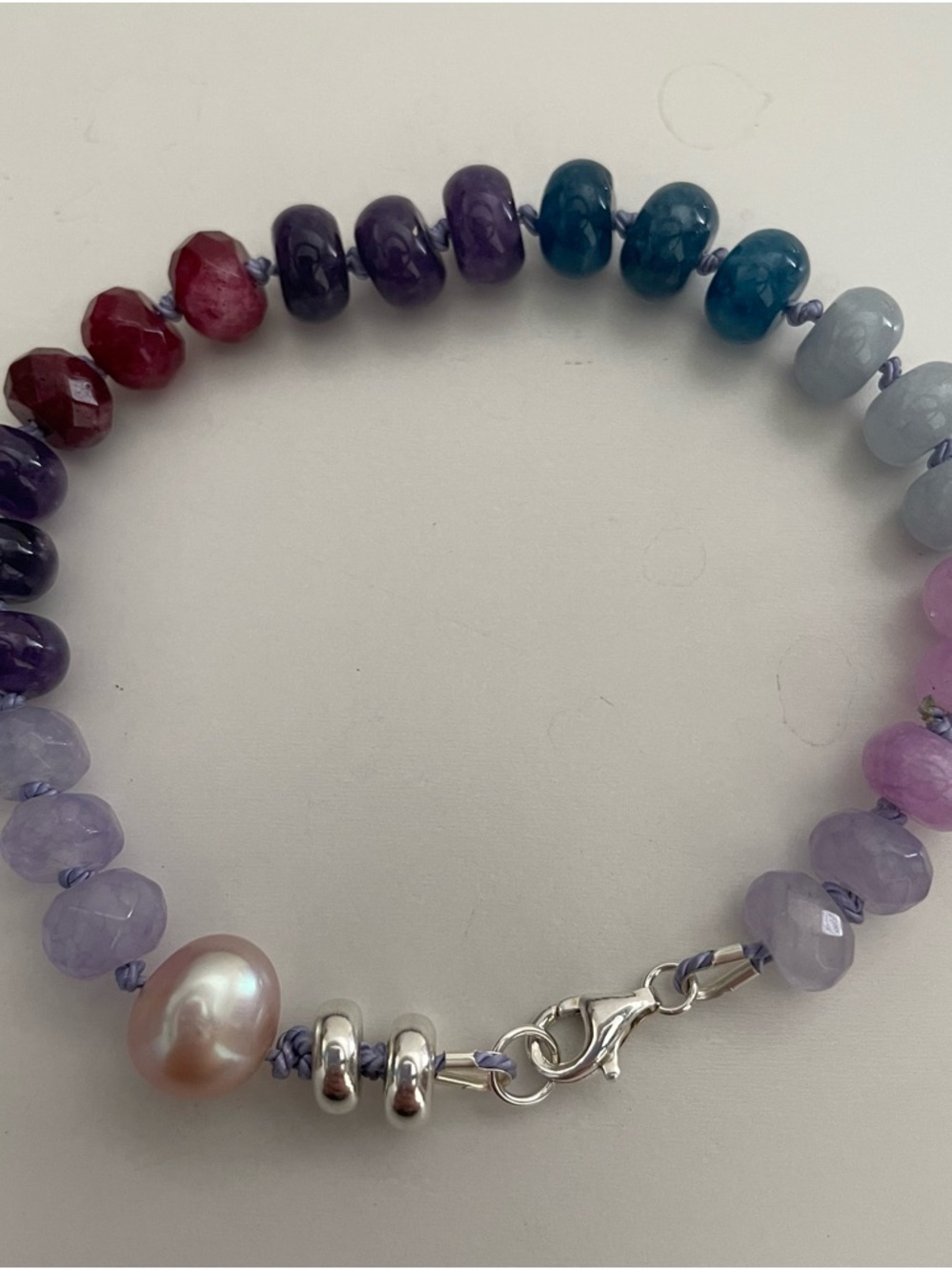 Multicolor Faceted gemstone Bead Bracelet with Pink Pearl Accent hand knotted